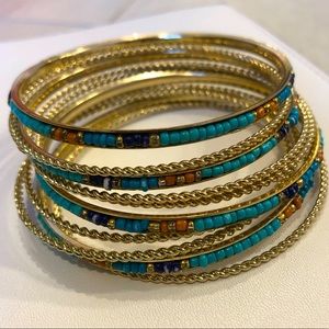 Beaded Gold Stacking Bangles, Turquoise and Orange